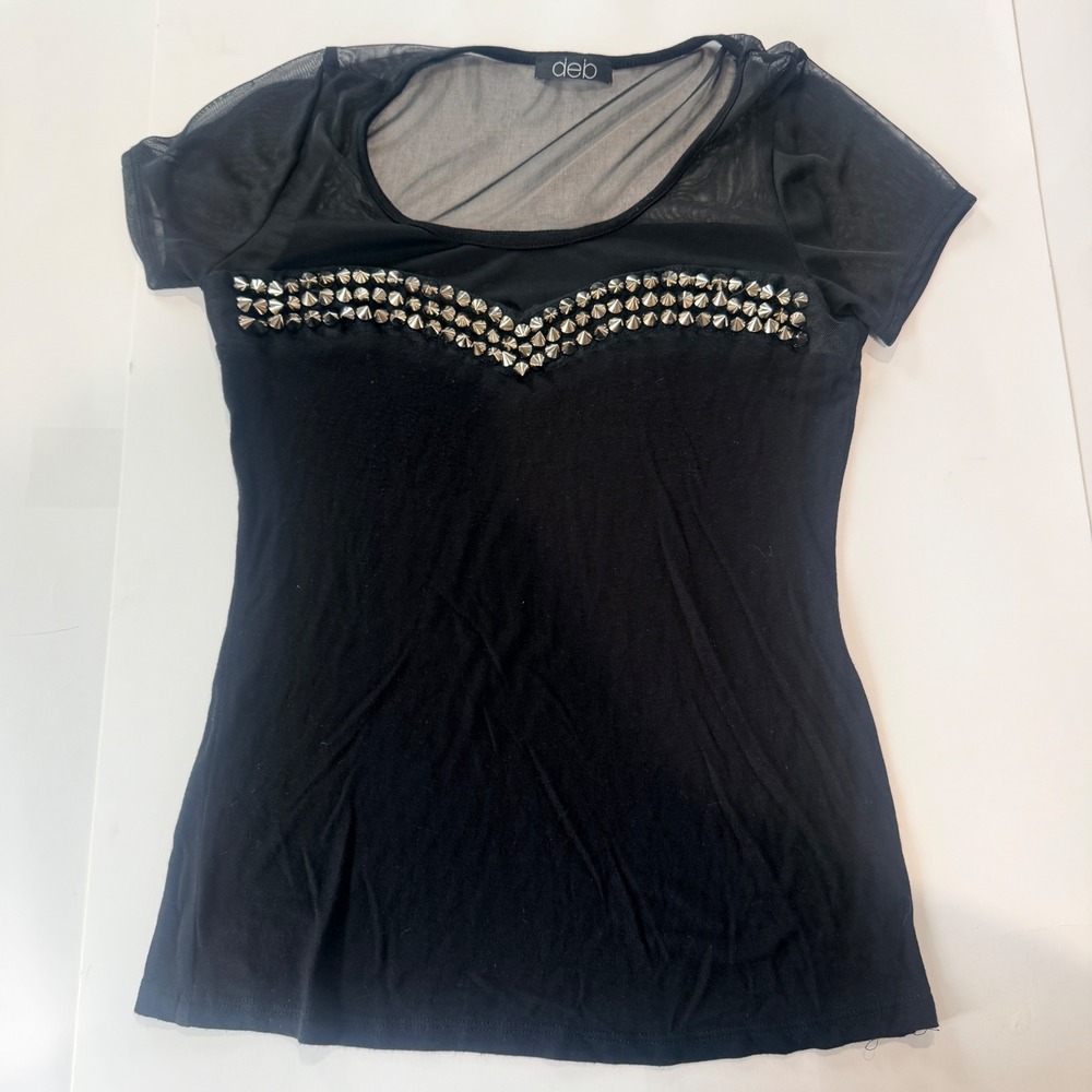 Y2K Deb Studded Mesh Top Women M Black Goth Grunge Punk Emo